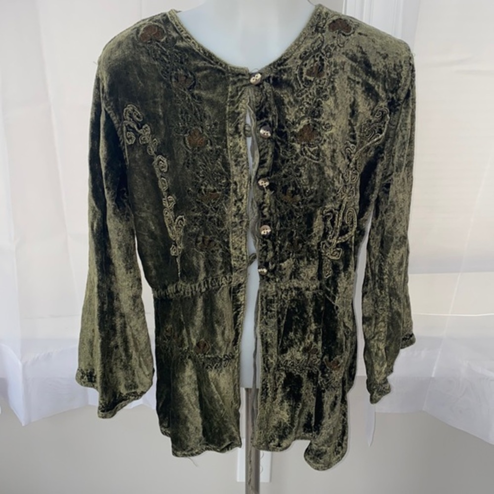 Olive Green Velvet Embroidered Women’s Button-Front Top